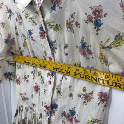 Vintage 1960s White Floral Pleated Button Up Short Sleeve Fit & Flare Dress