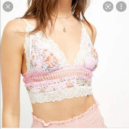 Free People Emma Soft Bra Blossom Combo Eyelet Bralette Pink White XS