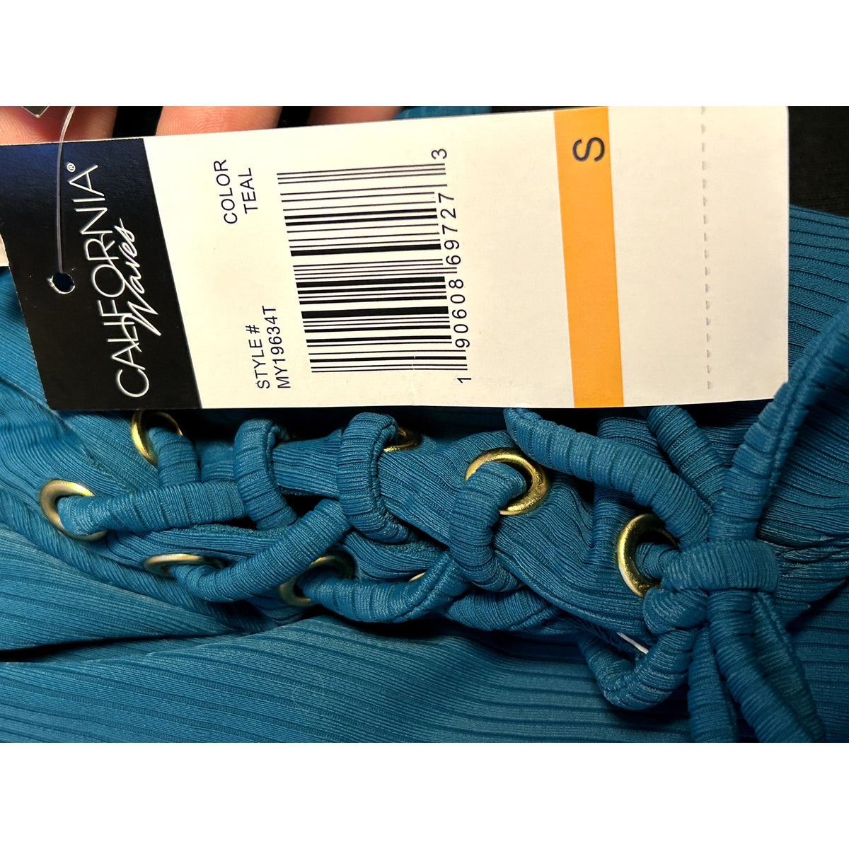 California Waves NWT Ribbed Lace Up High Leg One Piece Swimsuit Teal Small