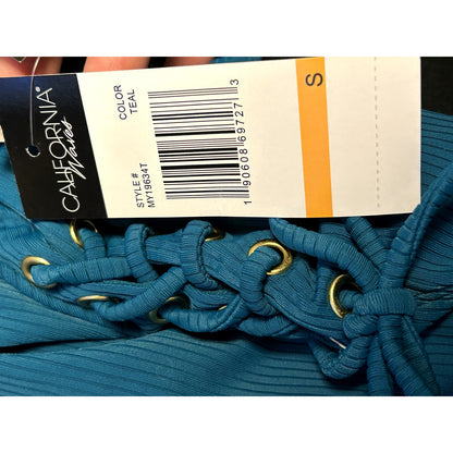 California Waves NWT Ribbed Lace Up High Leg One Piece Swimsuit Teal Small