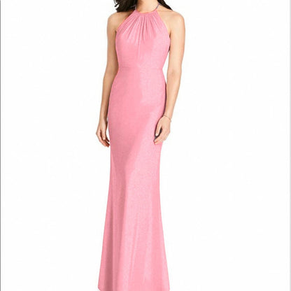 Dessy Collection Halter Neck Ruffle Back Column Dress Chiffon Gown Size 10 Pink Apricot