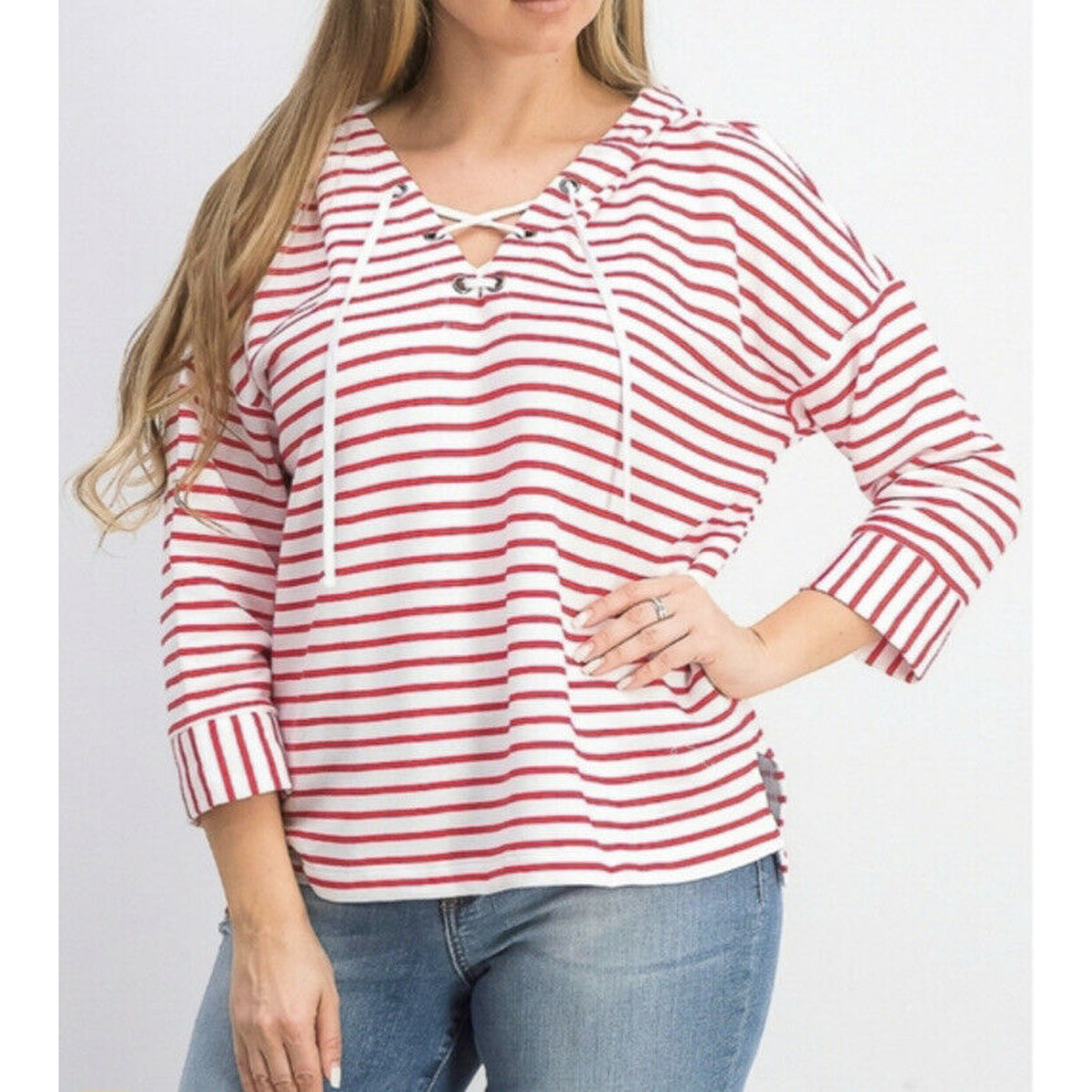 Style Co NWT Women’s Cherry Red White Stripe Lace Up Hoodie Jacket MED
