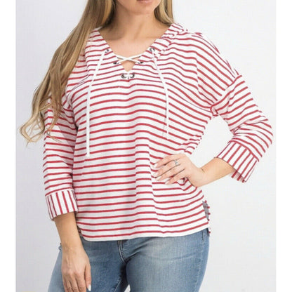 Style Co NWT Women’s Cherry Red White Stripe Lace Up Hoodie Jacket MED