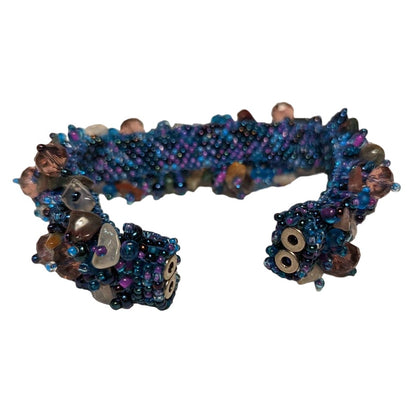 Handmade Art Blue Glass Agate Crystal Stone Beaded Bracelet Magnetic Closure 7"