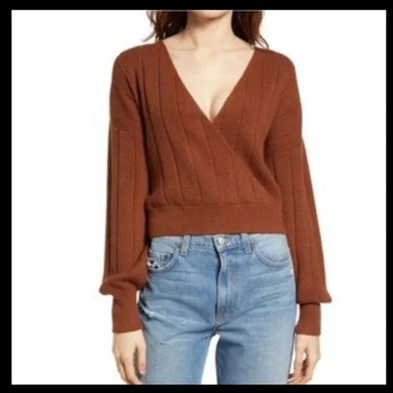 Leith Women's Wide Rib Sweater Large Brown Shell NWT V-Neck Surplice Faux Wrap