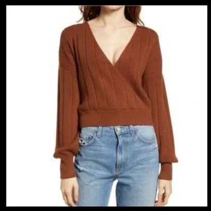 Leith Women's Wide Rib Sweater Large Brown Shell NWT V-Neck Surplice Faux Wrap
