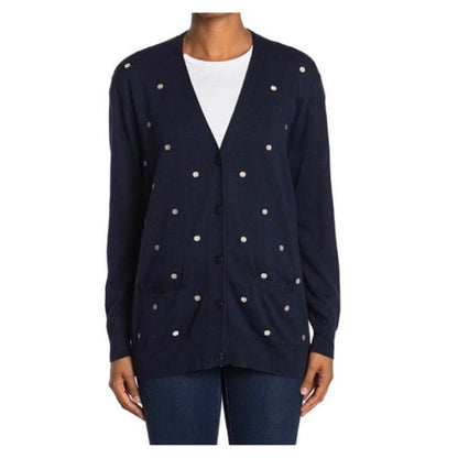 J.Crew Polka Dot Front Button V-Neck Pocket Cardigan Sz Small Navy and White NWT