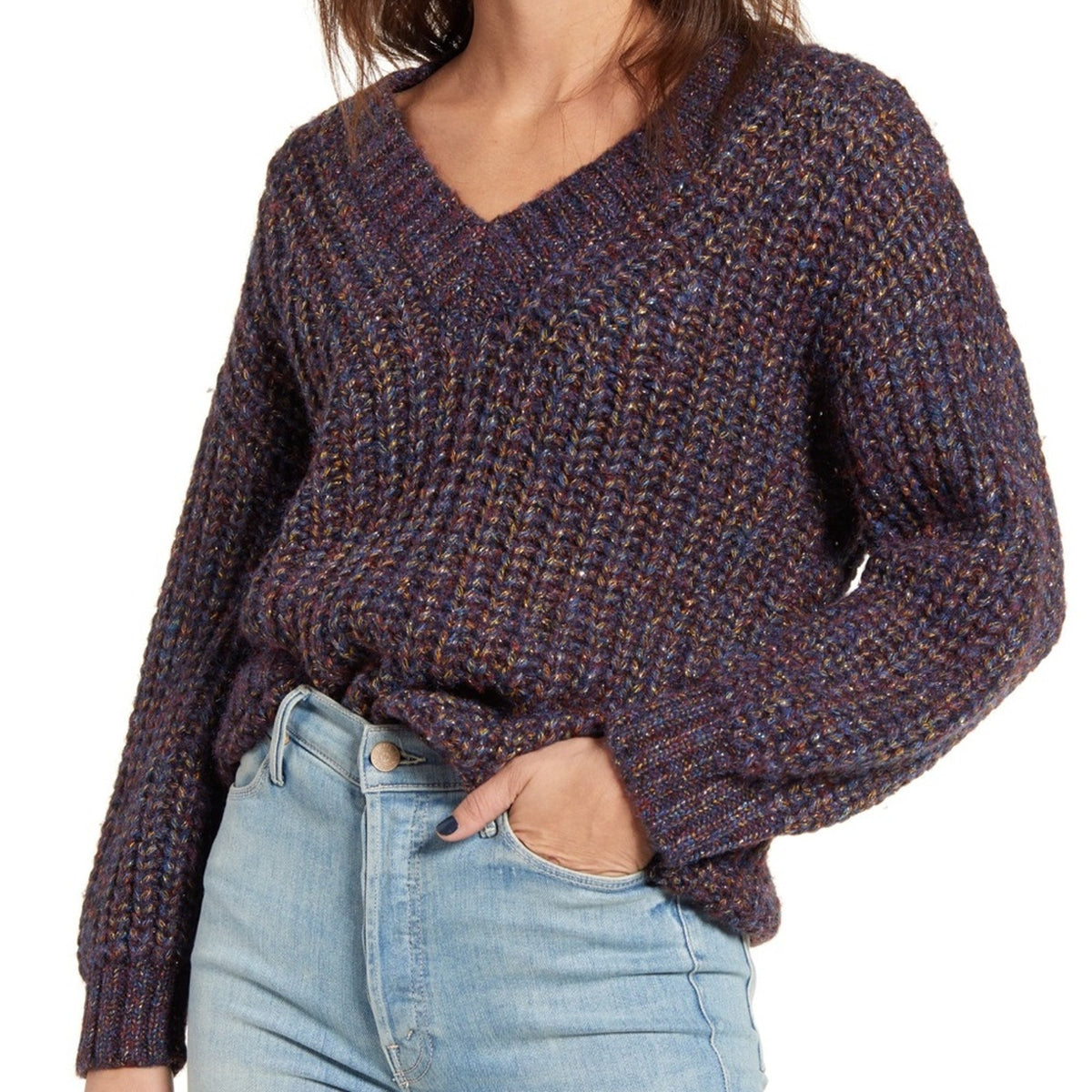 Cotton Emporium Metallic Shaker Stitch Sweater Small Knit Long Sleeve V-Neck NEW