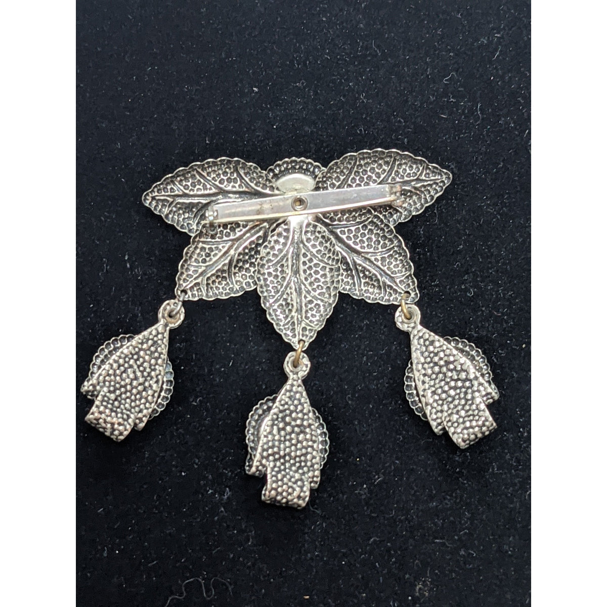 3tier silvertone bejeweled green red blue stones dangle brooch Pin Revival Leaf