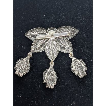 3tier silvertone bejeweled green red blue stones dangle brooch Pin Revival Leaf