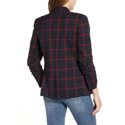 1.state Windowpane Check Ruched Sleeve Blazer Open Front Peaked Lapels XSmall