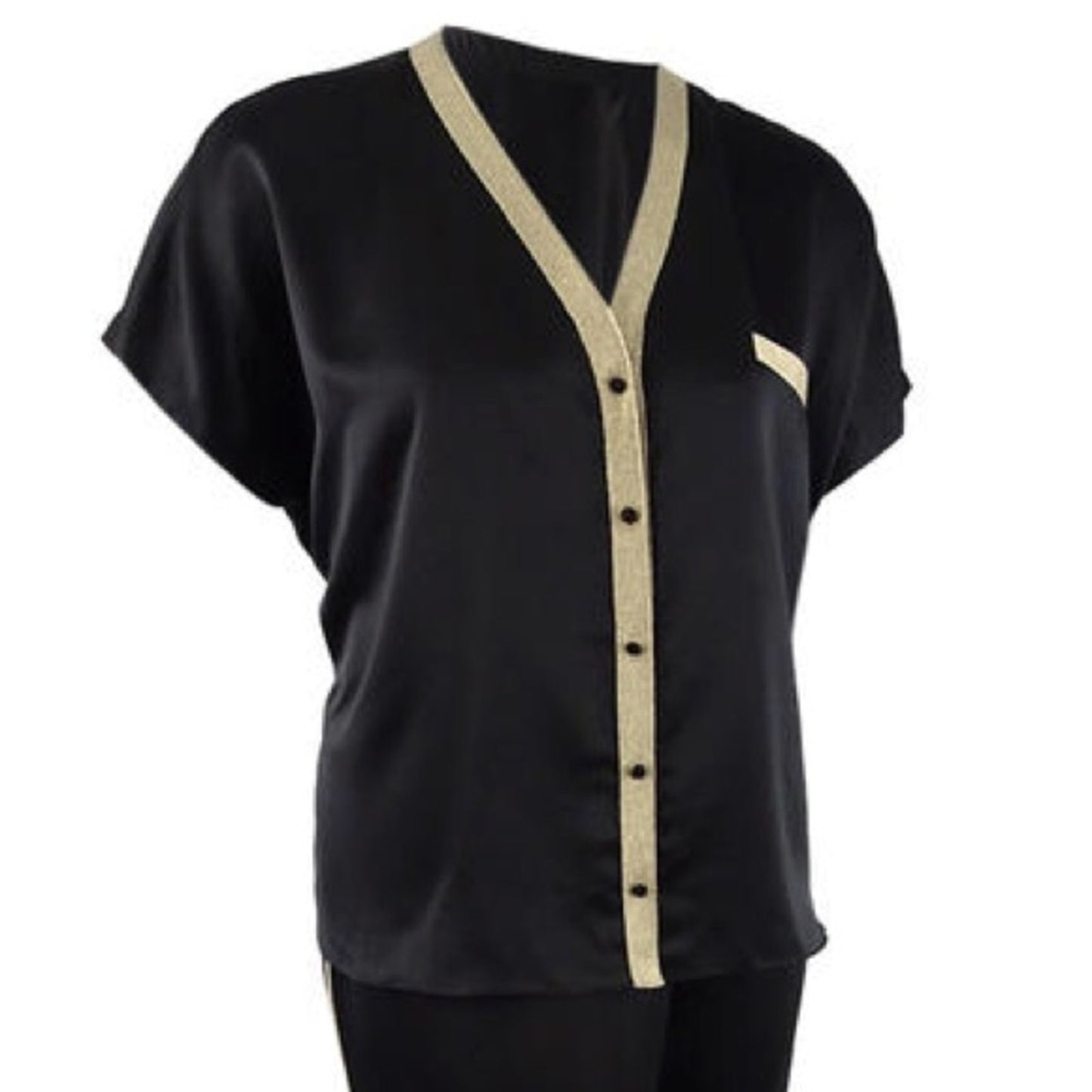 INC Metallic Trim Black Matte Satin Pajama Top Size XXL