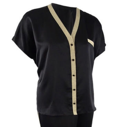 INC Metallic Trim Black Matte Satin Pajama Top Size XXL