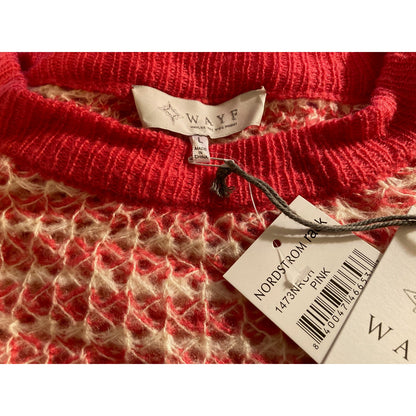 WAYF Long Sleeve Waffle Stripe Crewneck Pullover Sweater Large Pink NWT