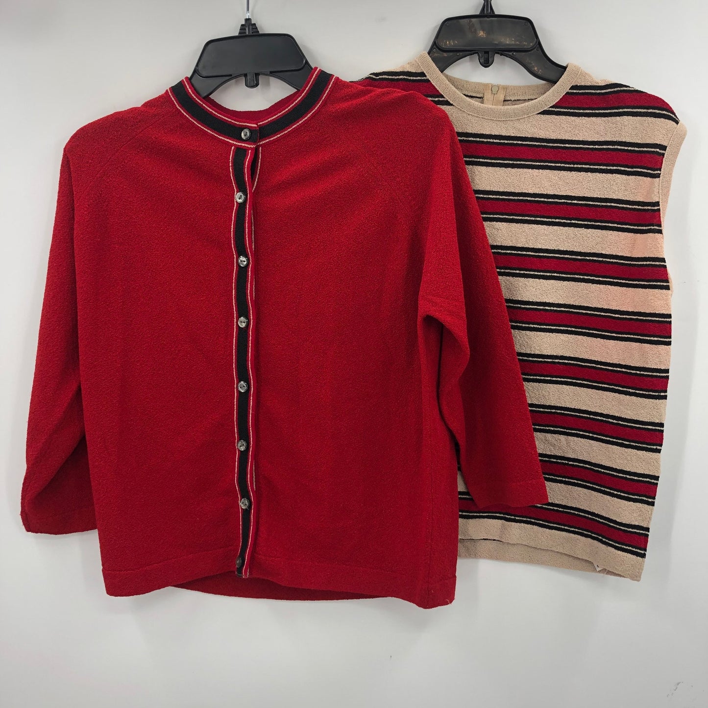 Vintage Talbott Tarafast 2 Pc Cardigan set Knit Sweater 3/4 Sleeves Red Tan 38