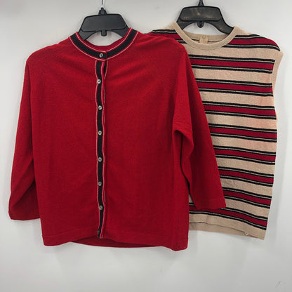 Vintage Talbott Tarafast 2 Pc Cardigan set Knit Sweater 3/4 Sleeves Red Tan 38