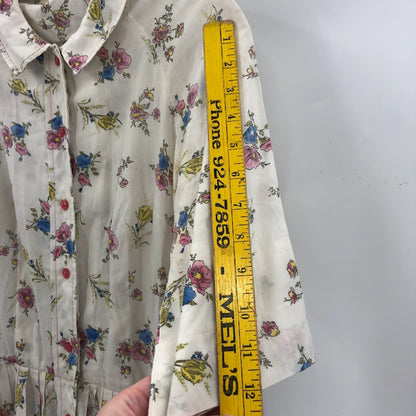 Vintage 1960s White Floral Pleated Button Up Short Sleeve Fit & Flare Dress
