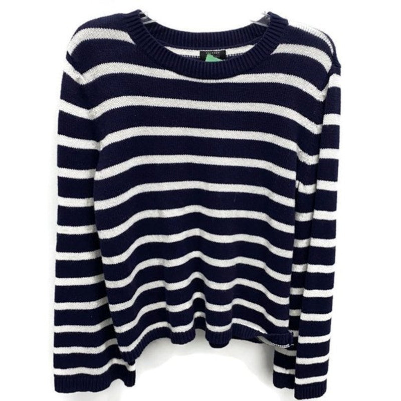Halogen X Atlantic-Pacific Crew Sweater Sz Large Navy/White Cathy Stripes NWT