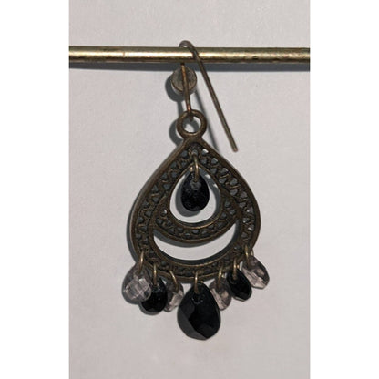 Vintage Teardrop Chandelier Earrings Black and Clear Stone Copper Tone Dangle