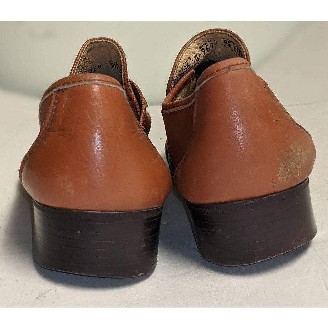 Sears Vintage Men's Loafers Size 9.5 Slip On Italian Leather Cognac 1 Inch Heel