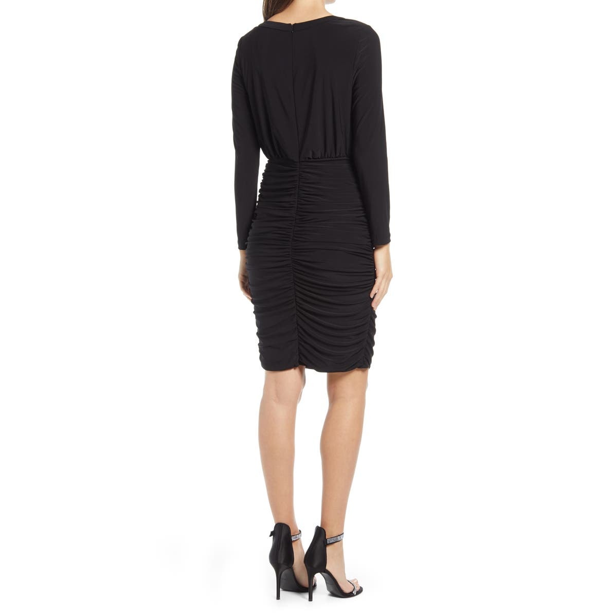 Eliza J Ruched Long Sleeve Stretch Jersey bodycon Dress Jewel Neck Black Size 8