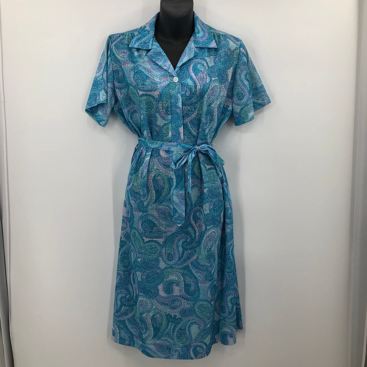 Vintage Blue Paisley 40s/50s Casual Midi Retro Dress Belted Collar Housewife