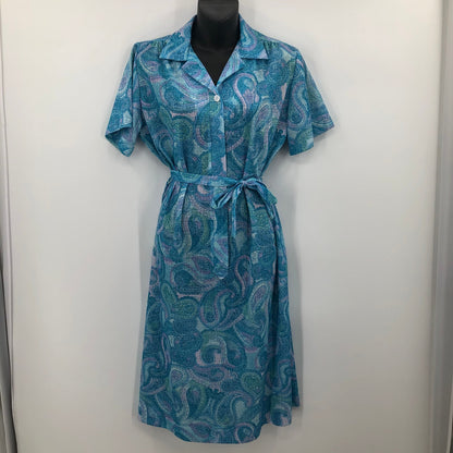 Vintage Blue Paisley 40s/50s Casual Midi Retro Dress Belted Collar Housewife