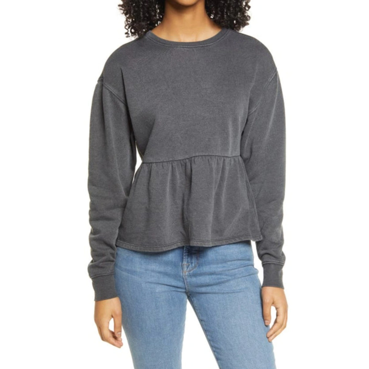BP. NWT Ruffle Crop Babydoll Top Sweatshirt In Black Washed Medium