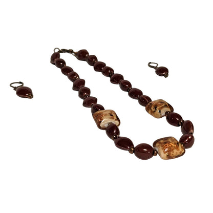 Vintage Set Reddish Orange Glass Beaded Necklace with Latch Drop Earrings