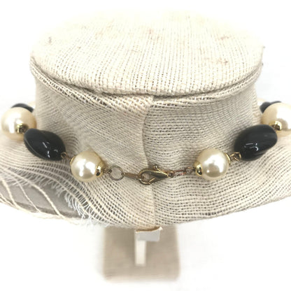 Black Swirl Beads & Cream Round faux Pearl Necklace Lobster Clasp 1980s fashion