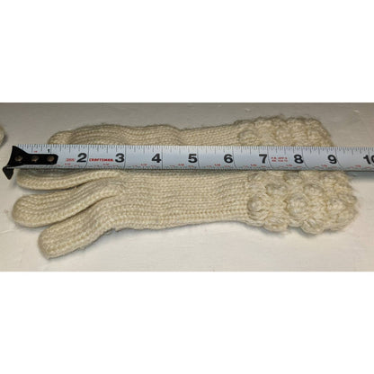 Vintage Cream Knit Winter Driving Gloves Faux Leather Palms Bubble Stitch Cuffs