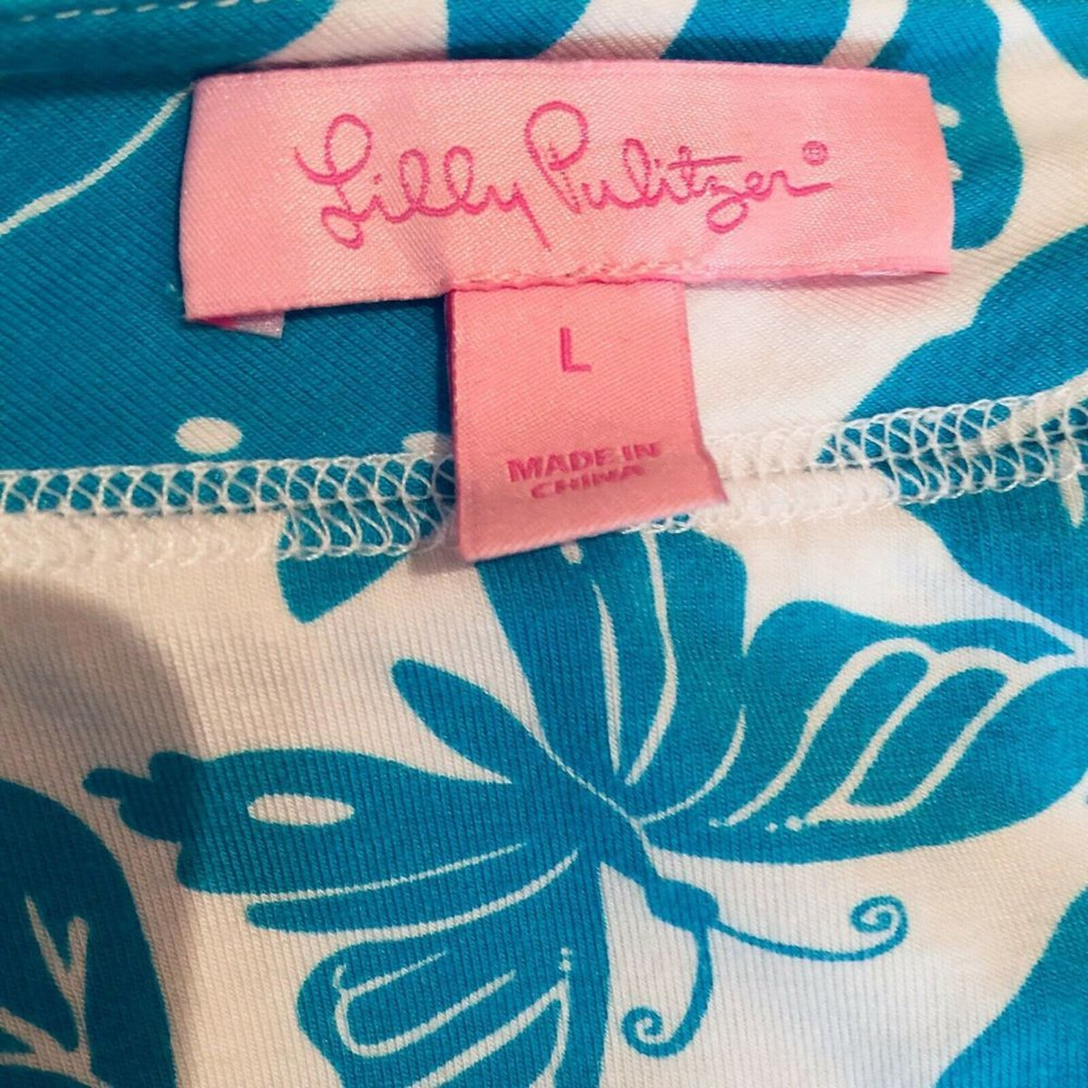 Lilly Pulitzer Women's 3/4 Sleeve Dress V-Neck Blue White Leaf Print Size Large