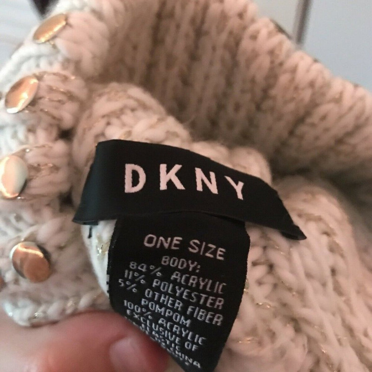 DKNY Flat-Stud Metallic Rib-Knit Beanie Hat PomPom White Gold Sparkles