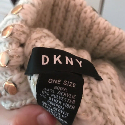 DKNY Flat-Stud Metallic Rib-Knit Beanie Hat PomPom White Gold Sparkles
