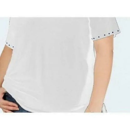 One A Women White/Cream Shirt Top 1X NEW V-neck Gold Stud Trim Short Sleeve Soft