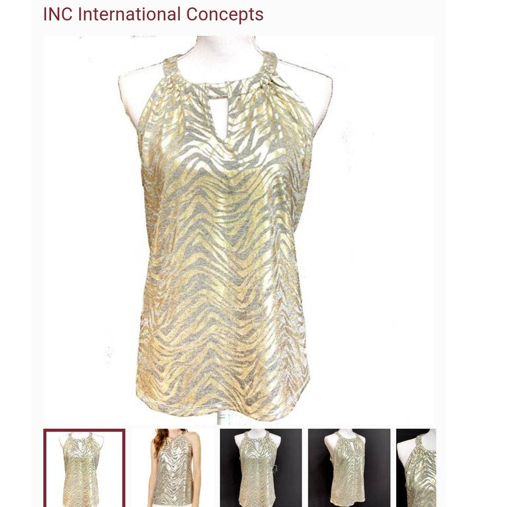 INC International Concepts Animal Print Halter Top Small Petite Gold SUMMER