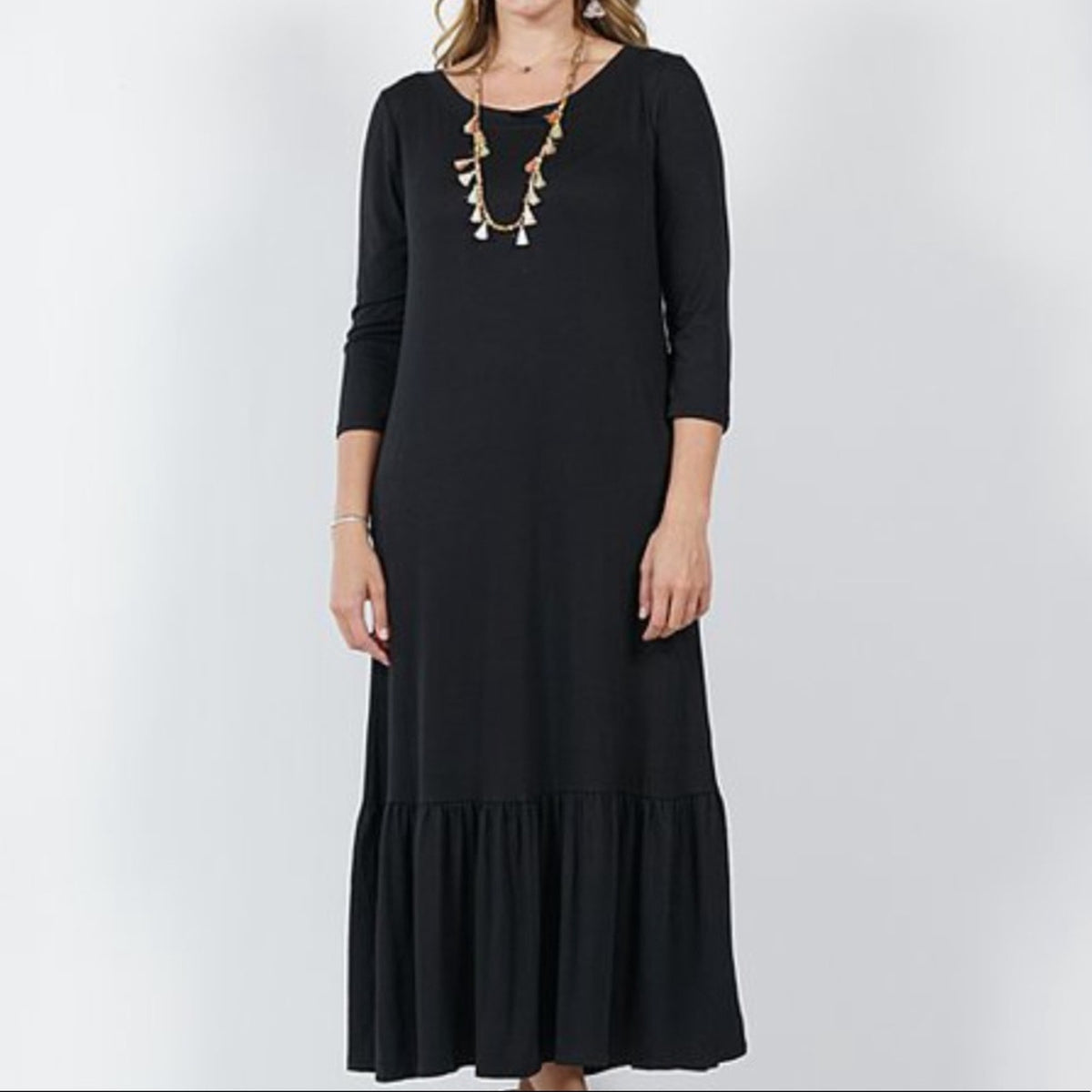 Zenana Outfitters Black Three Quarter Sleeve Ruffle Hem Midi Dress Size Small