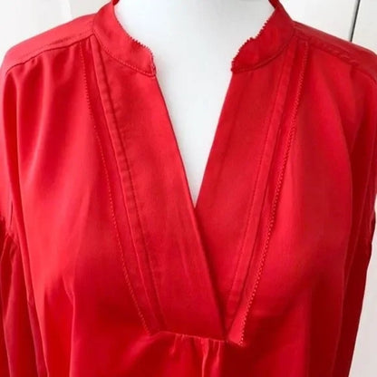 Laundry By Shelli Segal Blouse Large Goji Red NEW Bishop Sleeve Cross V-Neck top