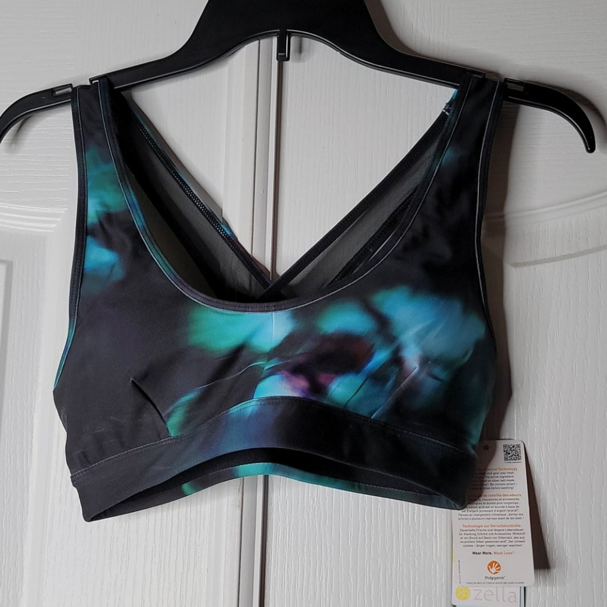 Zella Sunray Print Sports Bra Small Cross back Stretch Black Blue Tye Dye NEW