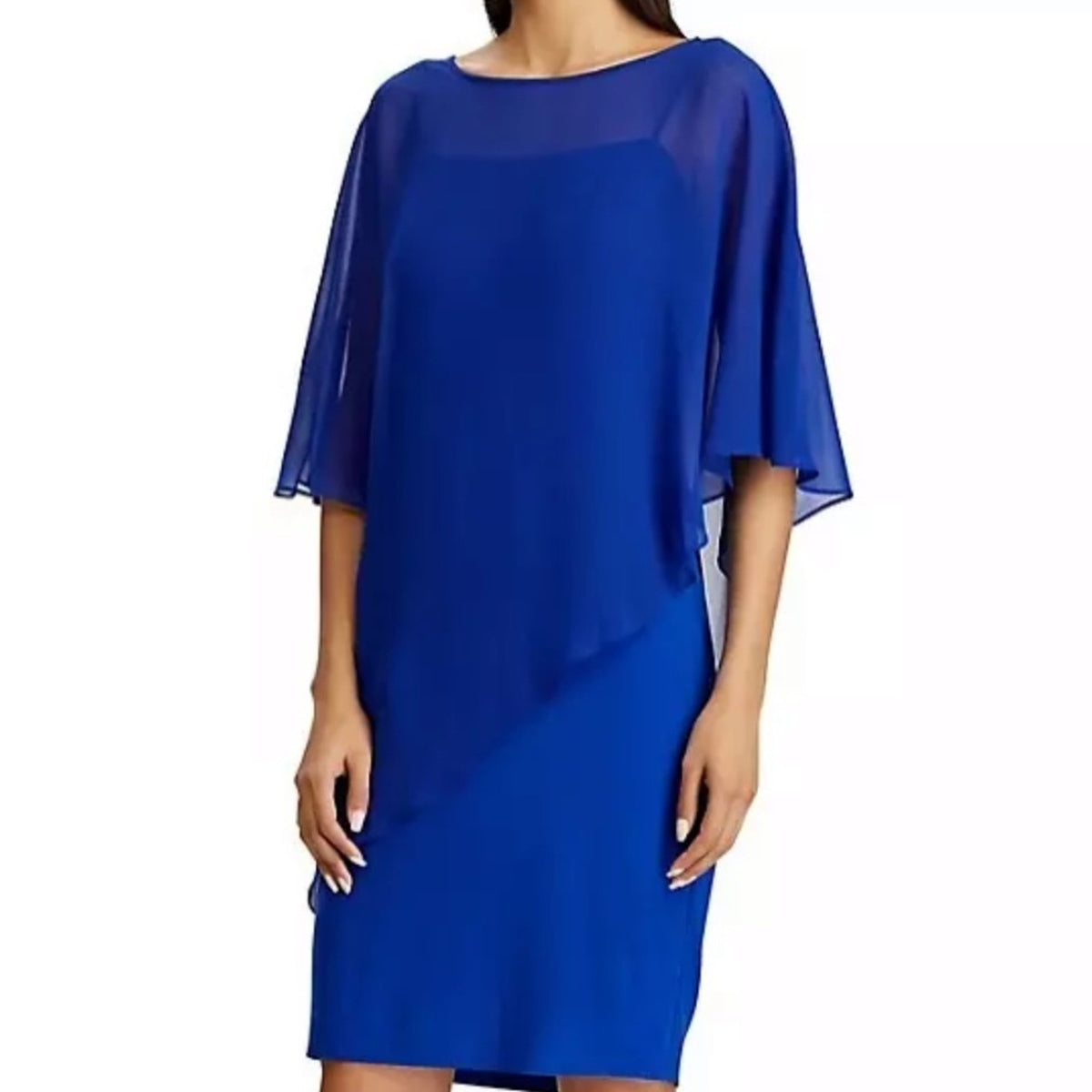 Ralph Lauren Blue Chiffon Removable Cape Jersey Shift Dress Lightweight cocktail