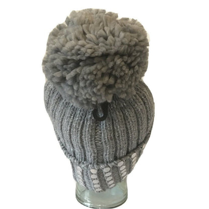 Flat-studded Pom Pom Beanie Silver Winter Cap Hat NEW
