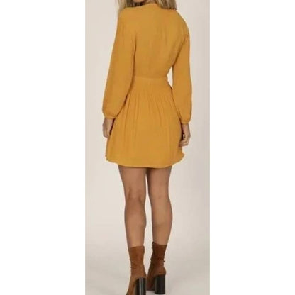 Amuse Society Georgie Long Sleeve Woven Mini Dress Sz Medium Gold NWT