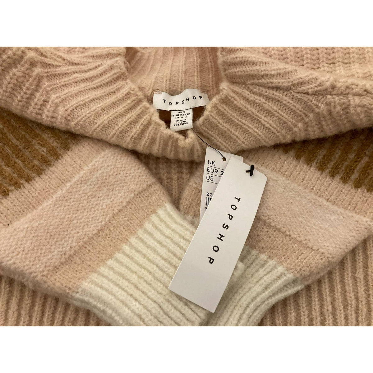 Topshop Womens Pullover Fuzzy Mock Knit Sweater Sz 4-6 Tan/Cream/Pink Stripe NWT