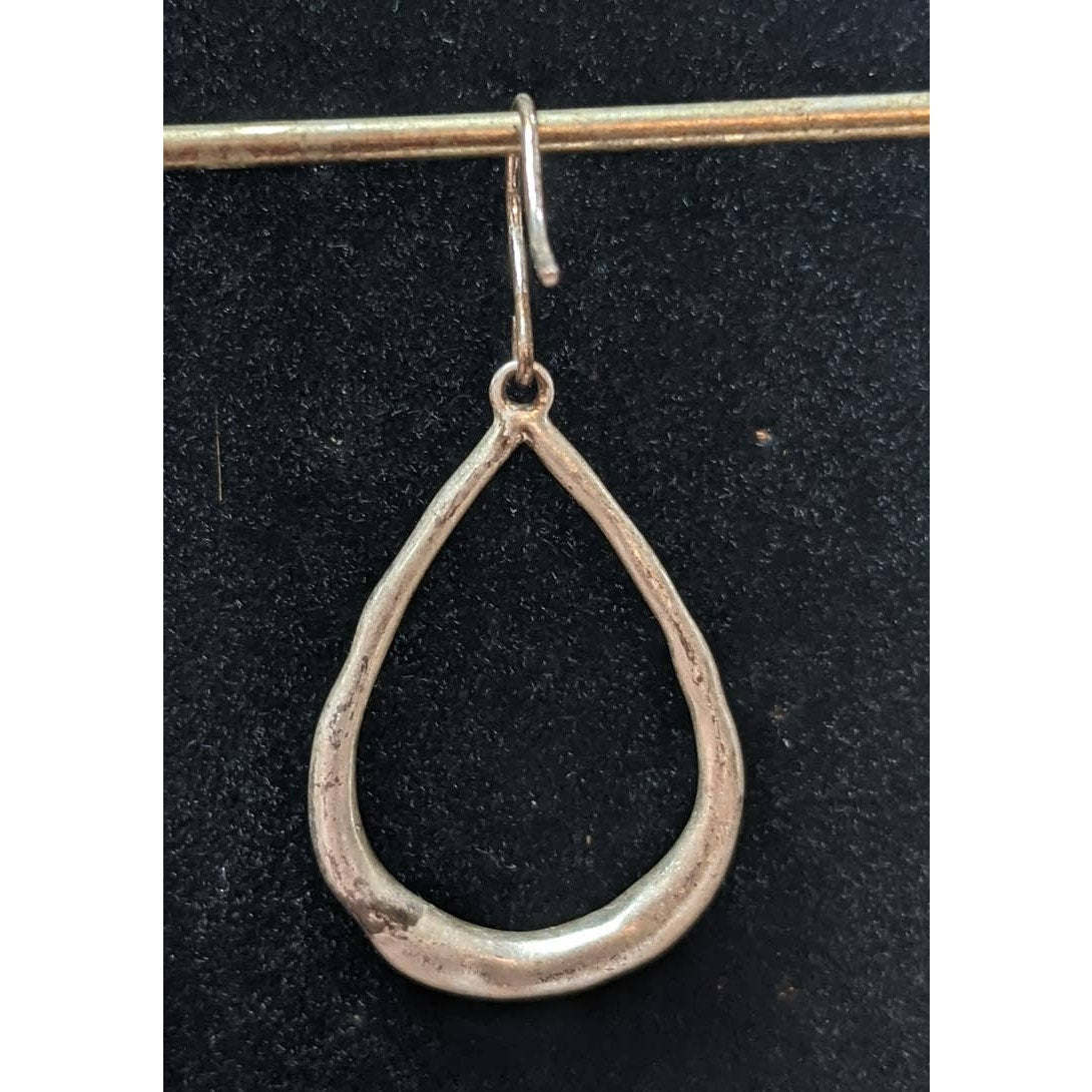 Vintage Handmade Rough Silver Teardrop Hoop Dangle Drop Earrings Light Patina