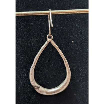 Vintage Handmade Rough Silver Teardrop Hoop Dangle Drop Earrings Light Patina