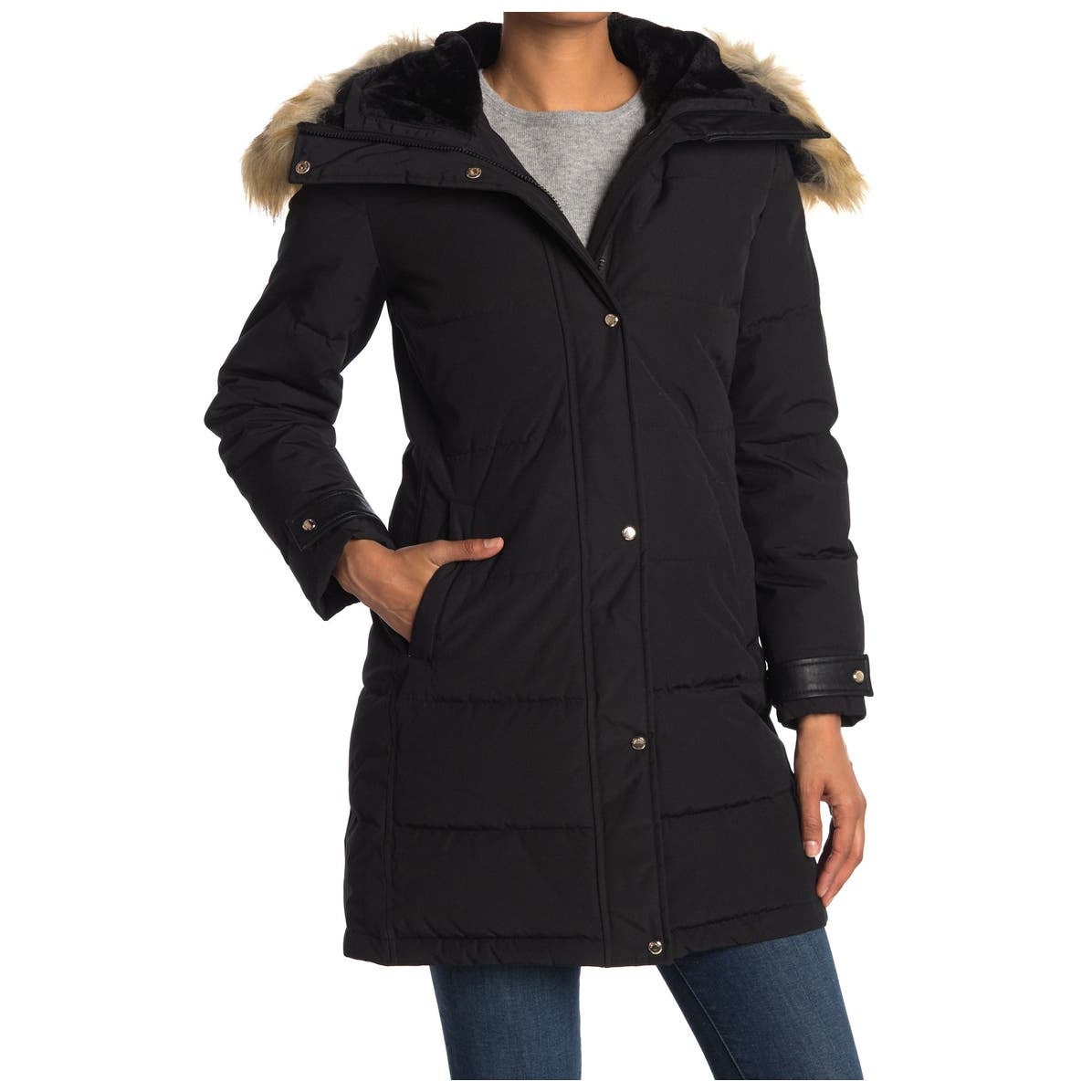 Nine West Faux Fur Trim Hooded Parka Coat Jacket Long Sleeve Black Size Small