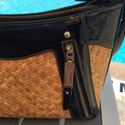 Etienne Wicker Purse HandBag Pocket Zip Shoulder bag Black Patent Leather