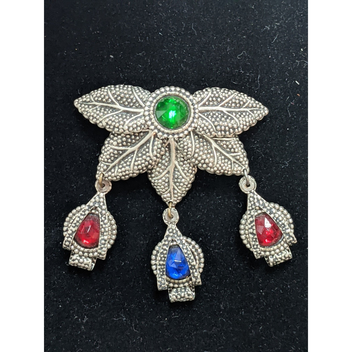3tier silvertone bejeweled green red blue stones dangle brooch Pin Revival Leaf