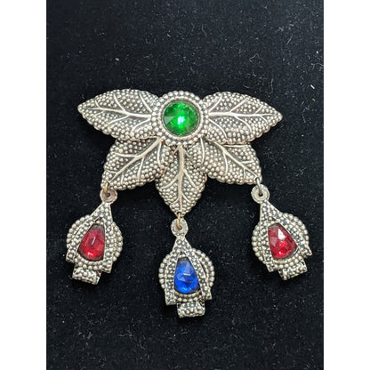 3tier silvertone bejeweled green red blue stones dangle brooch Pin Revival Leaf