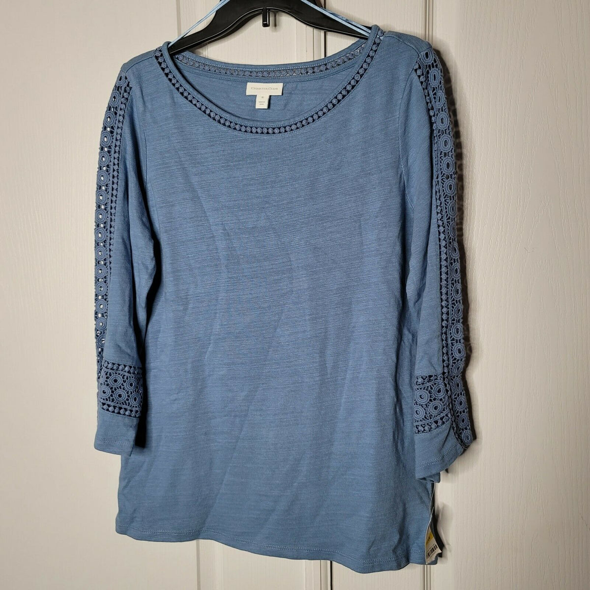 Charter Club Crochet-Inset Top Blouse 3/4-Sleeves Crew Neck Blue Size X-Small